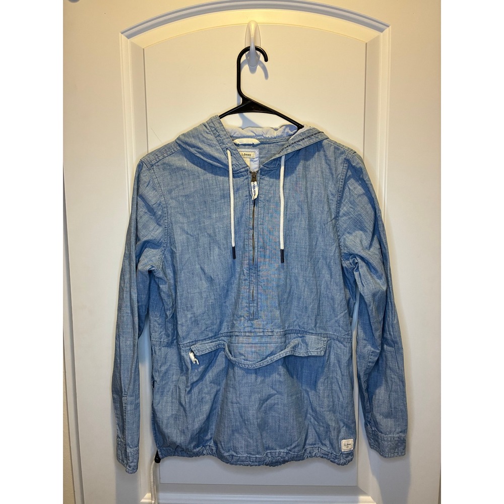 Womens LL Bean 1/2 zip lightweight denim hoodie with front zipped pocket size S‎